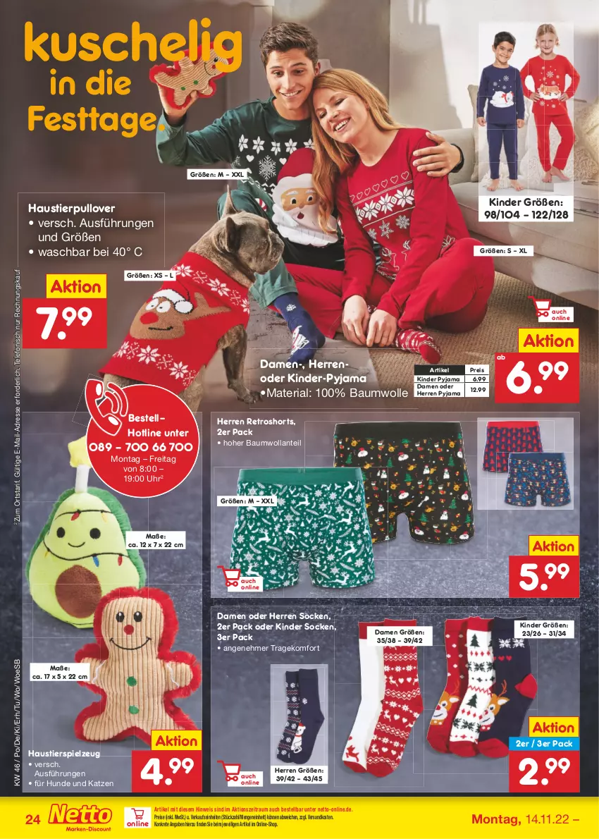 Aktueller Prospekt Netto Marken-Discount - Filial-Angebote - von 14.11 bis 19.11.2022 - strona 24 - produkty: aust, Bau, baumwolle, eis, Kinder, ndk, Pullover, Pyjama, reis, retroshorts, Ria, shorts, socken, spielzeug, Stier, telefon, Ti, uhr, wolle