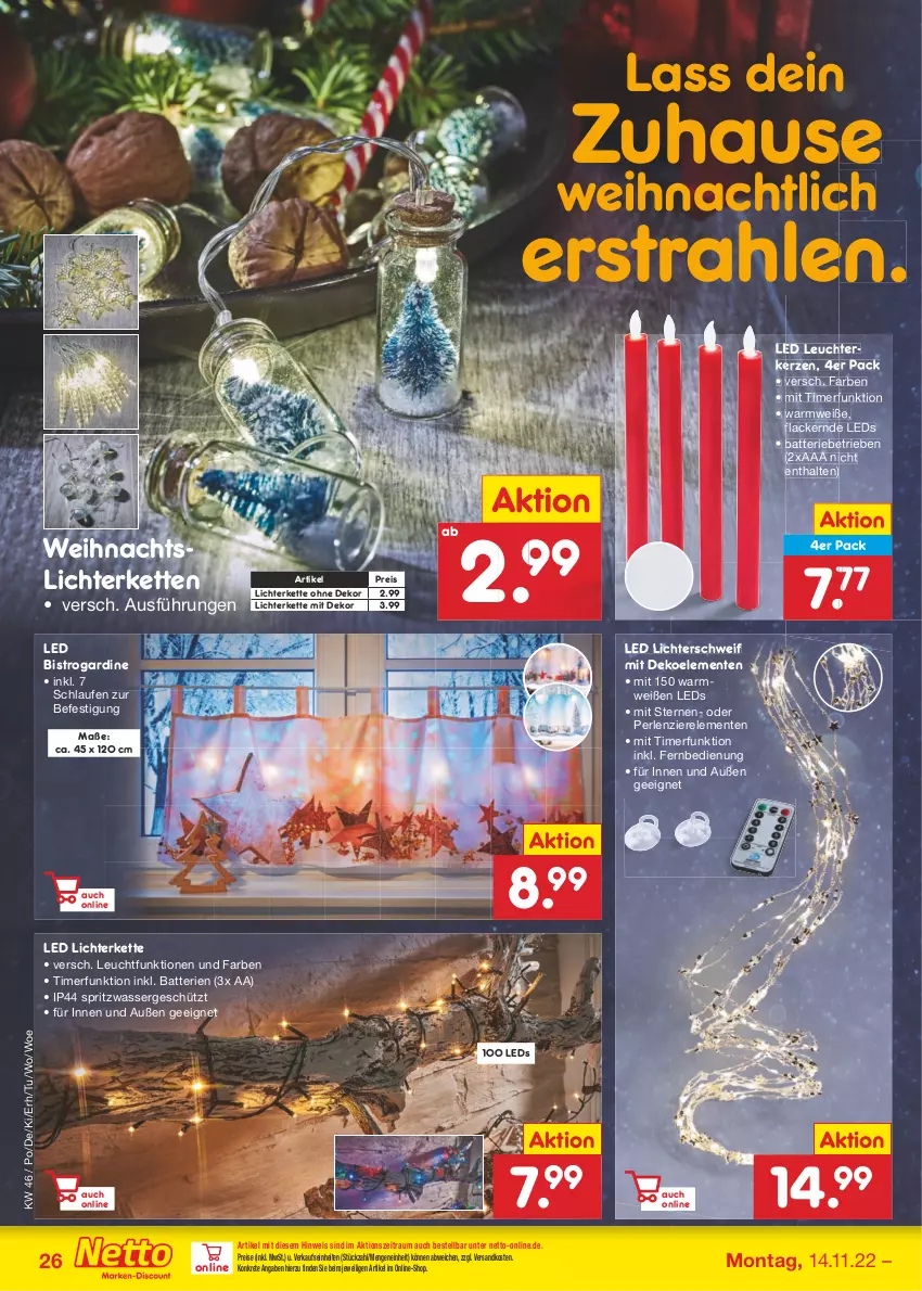 Aktueller Prospekt Netto Marken-Discount - Filial-Angebote - von 14.11 bis 19.11.2022 - strona 26 - produkty: batterie, batterien, eis, ente, fernbedienung, kerze, Kette, lack, Lacke, Laufen, LED Lichterkette, leds, Leuchte, lichterkette, ndk, perlen, reis, rel, Ti, timer, wasser