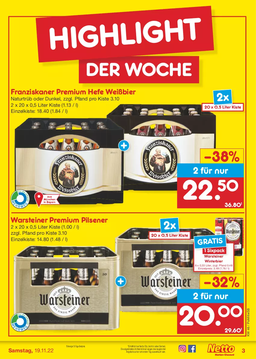 Aktueller Prospekt Netto Marken-Discount - Filial-Angebote - von 14.11 bis 19.11.2022 - strona 3 - produkty: angebot, bestpreis, bier, eis, franziskaner, Hefe, natur, pils, pilsener, premium pils, reis, steiner, Ti, warsteiner, ZTE