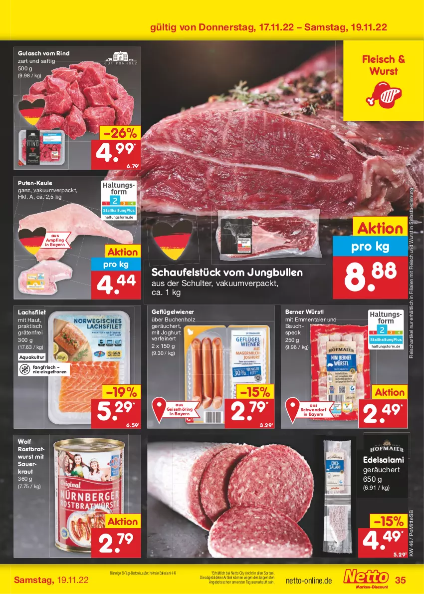 Aktueller Prospekt Netto Marken-Discount - Filial-Angebote - von 14.11 bis 19.11.2022 - strona 35 - produkty: angebot, aqua, auer, Bau, bestpreis, bratwurst, buch, Edelsalami, eis, emmentaler, filet, fleisch, Geflügel, gulasch, Holz, joghur, joghurt, jungbullen, Kraut, lachs, lachsfilet, pute, reis, rind, ring, rostbratwurst, saft, salami, Sauerkraut, Speck, Ti, tisch, wiener, wurst, wurst in selbstbedienung, ZTE