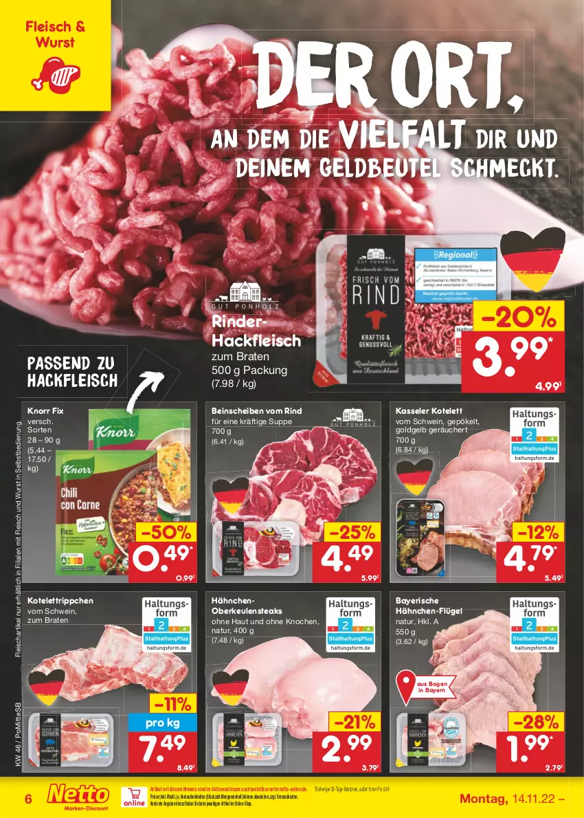 Aktueller Prospekt Netto Marken-Discount - Filial-Angebote - von 14.11 bis 19.11.2022 - strona 6 - produkty: bestpreis, beutel, braten, eis, fleisch, hackfleisch, kasseler, knorr, knorr fix, kotelett, natur, ndk, reis, rind, rinder, rinderhackfleisch, schwein, steak, steaks, suppe, Ti, wein, wurst, wurst in selbstbedienung