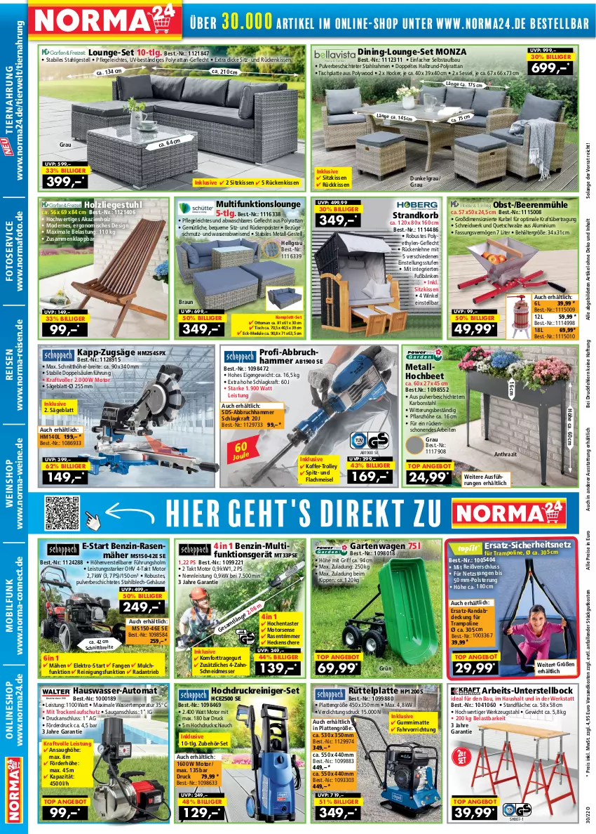 Aktueller Prospekt Norma - Norma - von 15.07 bis 31.07.2022 - strona 2 - produkty: Abbruchhammer, angebot, auto, Bau, beere, beeren, Behälter, braun, Brei, eis, Elektro, Garten, heckenschere, hochdruckreiniger, hocker, Holz, HP, kissen, koffer, korb, kraft, latte, LG, Liege, lounge-set, messer, Mode, Motorsense, ndk, obst, rasen, rasenmäher, rasentrimmer, reiniger, Reinigung, reis, Rückenkissen, rückenlehne, rwe, säge, Schere, schlauch, sessel, sitzkissen, strandkorb, stuhl, Ti, tiernahrung, tisch, tischplatte, Trampolin, trolley, wasser, wein, weine, weinshop, werkzeug