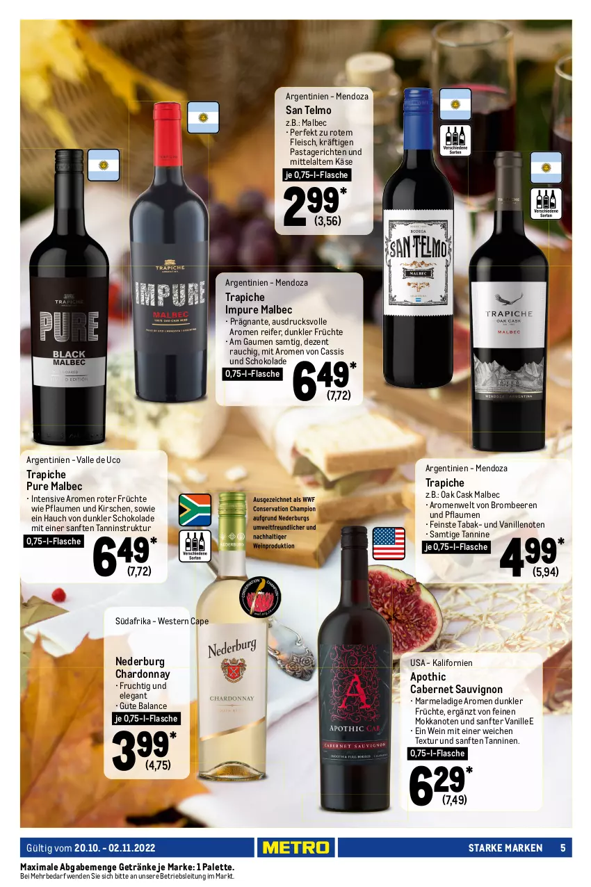 Aktueller Prospekt Metro - Starke Marken - von 20.10 bis 02.11.2022 - strona 5 - produkty: beere, beeren, brombeere, brombeeren, cabernet, cabernet sauvignon, Cap, cassis, chardonnay, eis, eistee, flasche, fleisch, frucht, früchte, fruchtsaft, getränk, getränke, Happy Day, Käse, kirsch, kirsche, kirschen, nederburg, Nektar, Palette, pasta, Pastagericht, pflaume, pflaumen, Rauch, saft, sauvignon, schoko, schokolade, tee, Ti, vanille, wein, Weste