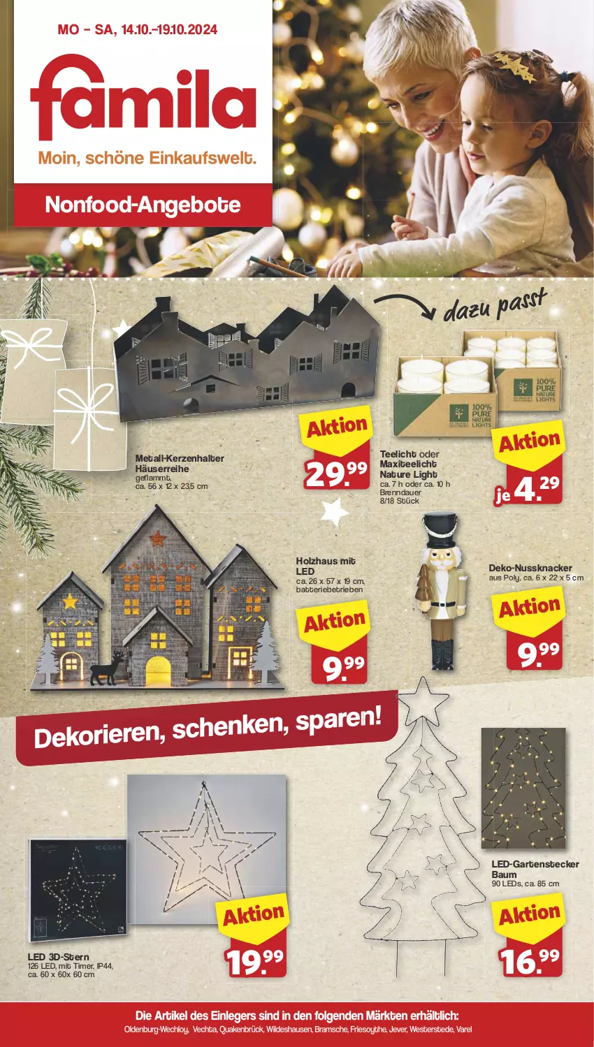 Aktueller Prospekt Famila - Prospekte - von 14.10 bis 19.10.2024 - strona 1 - produkty: 3d-Stern, angebot, angebote, auer, batterie, Bau, Garten, Holz, jever, kerze, Kerzenhalter, knacker, lamm, leds, LG, natur, nuss, Nussknacker, rel, tee, Teelicht, Ti, timer, Weste, Wild