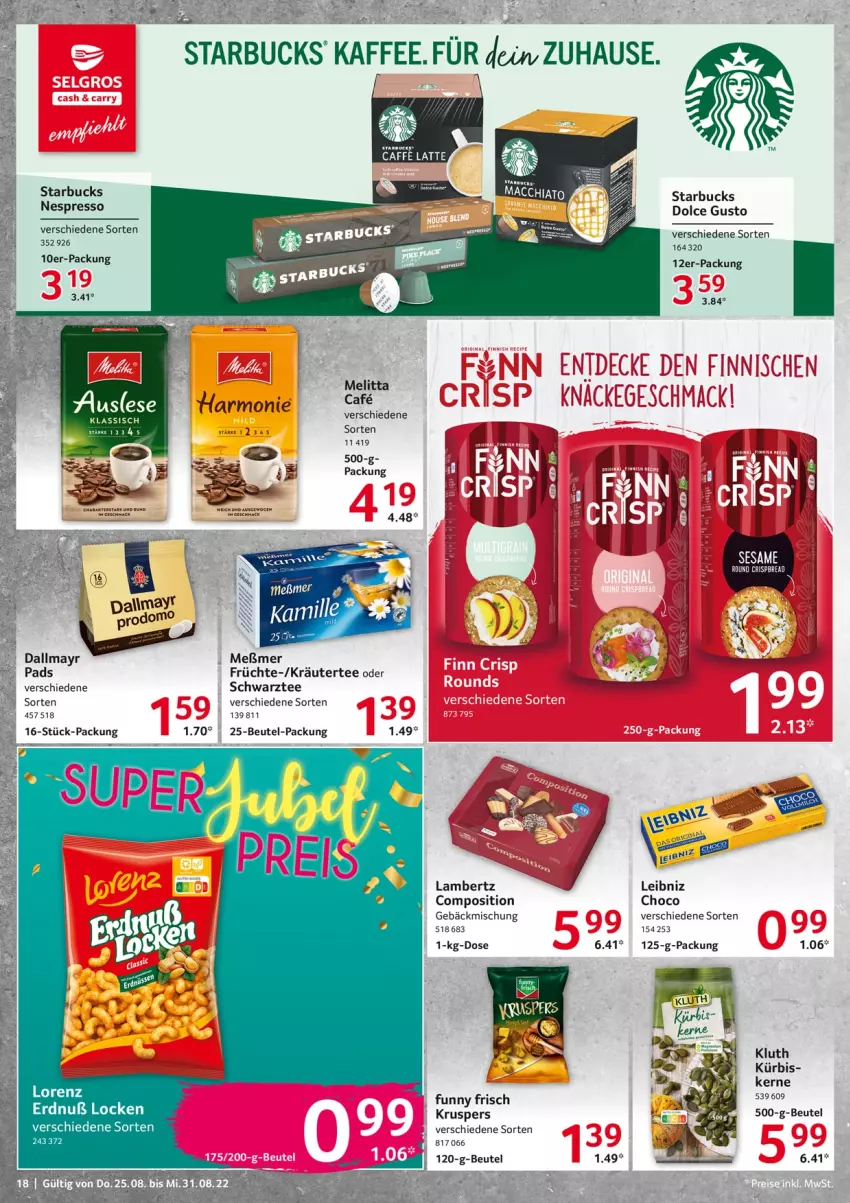 Aktueller Prospekt Selgros - Food - von 25.08 bis 31.08.2022 - strona 18 - produkty: Amber, beutel, dallmayr, dolce gusto, elle, espresso, früchte, Funny Frisch, gebäckmischung, kaffee, kräuter, Kürbis, lambertz, leibniz, lorenz, melitta, Meßmer, nespresso, sesam, starbucks, tee, Ti, ZTE