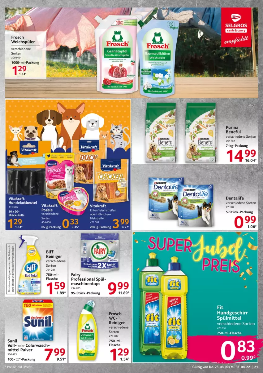 Aktueller Prospekt Selgros - Food - von 25.08 bis 31.08.2022 - strona 21 - produkty: Bad, beutel, biff, eis, ente, fairy, fleisch, Frosch, kraft, LG, purina, reifen, reiniger, sunil, tee, Ti, vita, vitakraft, weichspüler