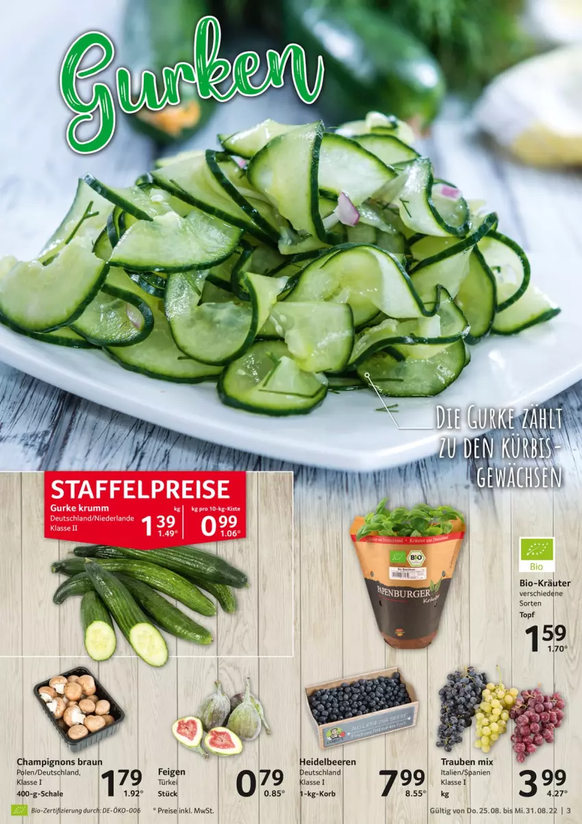 Aktueller Prospekt Selgros - Food - von 25.08 bis 31.08.2022 - strona 3 - produkty: beere, beeren, bio, braun, champignon, champignons, champignons braun, eis, Feigen, heidelbeere, heidelbeeren, korb, reis, Schal, Schale, Ti, topf, trauben