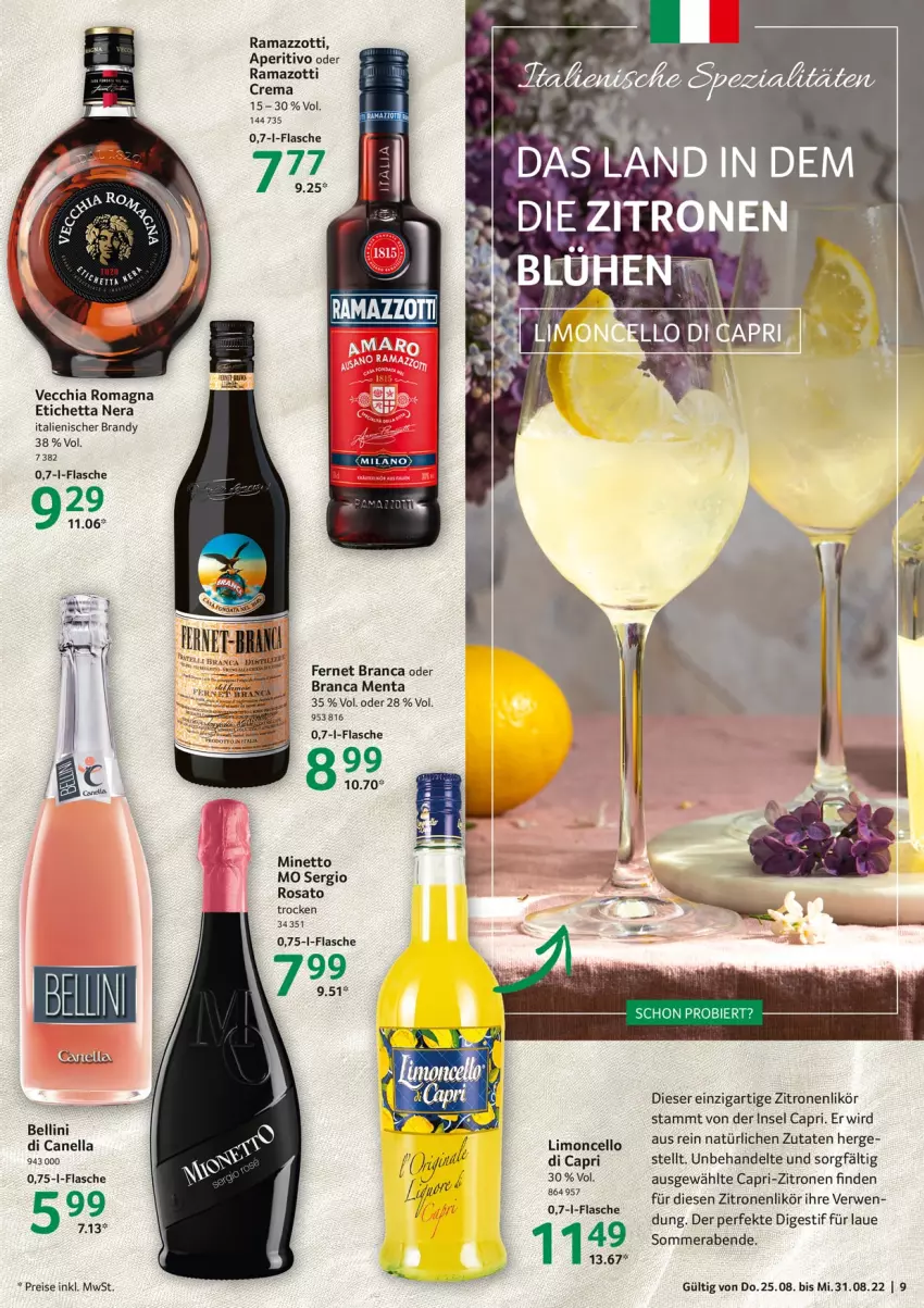 Aktueller Prospekt Selgros - Food - von 25.08 bis 31.08.2022 - strona 9 - produkty: bier, Cap, chia, eis, Fernet, fernet branca, likör, limo, rama, ramazzott, ramazzotti, reis, rosato, rwe, Ti, Vecchia Romagna, zitrone, zitronen, zott