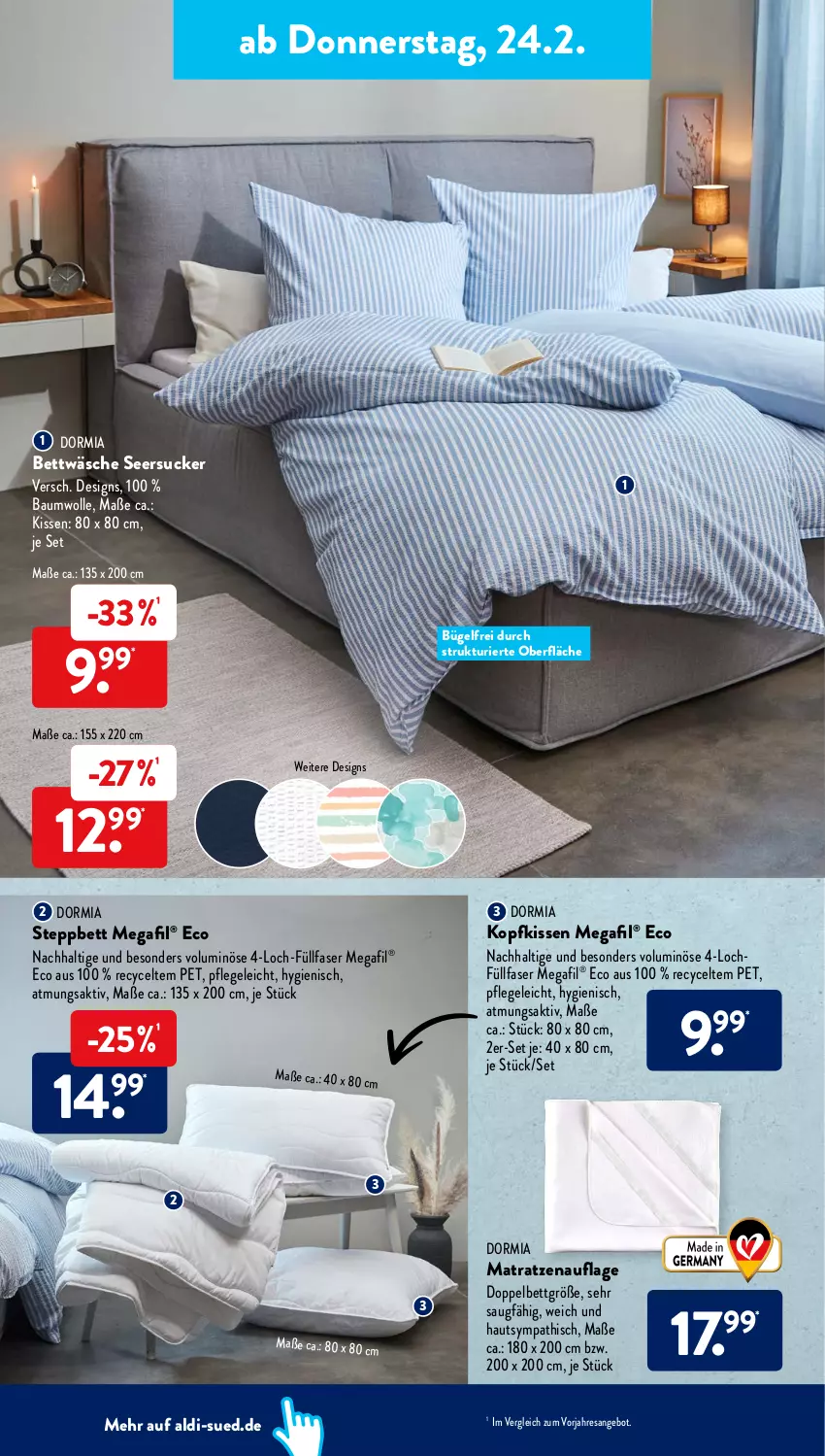 Aktueller Prospekt AldiSud - ALDI Aktuell - von 12.02 bis 26.02.2022 - strona 18 - produkty: aldi, angebot, Bau, baumwolle, bett, bettwäsche, bügel, dormia, kissen, kopfkissen, matratze, matratzen, matratzenauflage, resa, seersucker, steppbett, Ti, wolle