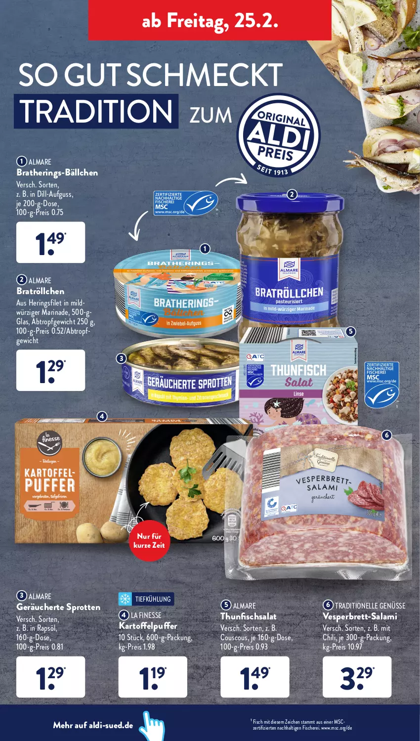 Aktueller Prospekt AldiSud - ALDI Aktuell - von 12.02 bis 26.02.2022 - strona 28 - produkty: aldi, almare, chili, couscous, eis, elle, filet, finesse, fisch, fische, Fischer, hering, Herings, kartoffel, kartoffelpuffer, marinade, rapsöl, reis, ring, salami, salat, Schere, Sprotten, thunfisch, Thunfischsalat, Ti