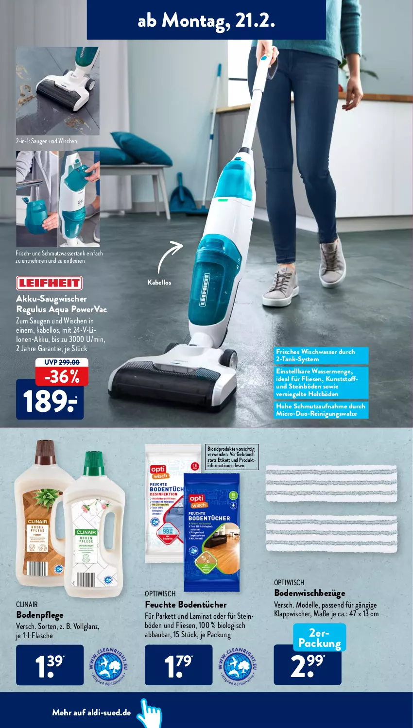 Aktueller Prospekt AldiSud - ALDI Aktuell - von 12.02 bis 26.02.2022 - strona 4 - produkty: Abba, akku, aldi, aqua, Bau, bio, biozidprodukte, Bodentücher, Bodenwischbezüge, Clin, dell, elle, flasche, gsw, Holz, laminat, LG, Mode, Optiwisch, Rauch, Reinigung, rwe, Saugwischer, Ti, tücher, wasser, wassertank