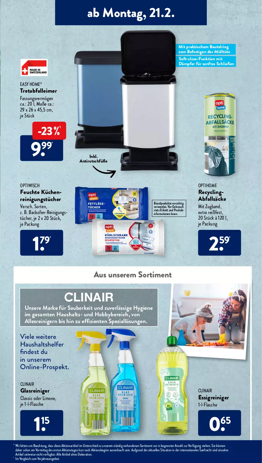 Aktueller Prospekt AldiSud - ALDI Aktuell - von 12.02 bis 26.02.2022 - strona 7 - produkty: Abfalleimer, alle artikel ohne dekoration, angebot, backofen, beutel, bio, biozidprodukte, Clin, dekoration, eimer, eis, elle, ente, essig, flasche, gin, Glasreiniger, Hobby, küche, Küchen, leimer, limo, Ofen, Optiwisch, Rauch, reiniger, Reinigung, reinigungstücher, resa, ring, rwe, Spezi, Ti, tisch, tücher, Tüte, ZTE