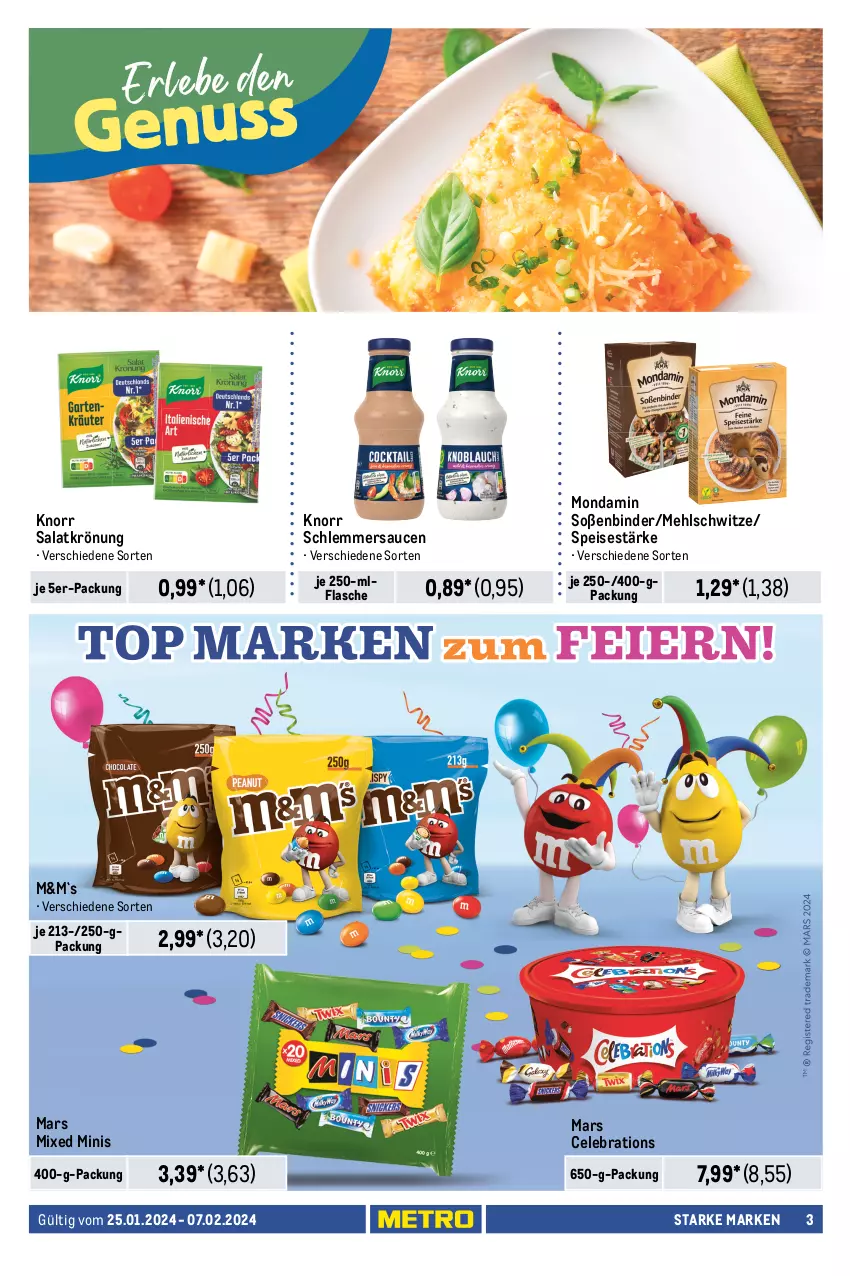 Aktueller Prospekt Metro - Starke Marken - von 25.01 bis 07.02.2024 - strona 3 - produkty: auer, beutel, bio, chili, eis, flasche, Käse, knorr, mac, mars, mehl, milch, mondamin, nuggets, preisvorteil, reis, ring, salat, salatkrönung, sauce, saucen, schlemmersauce, schlemmersaucen, Soße, Ti, vollmilch