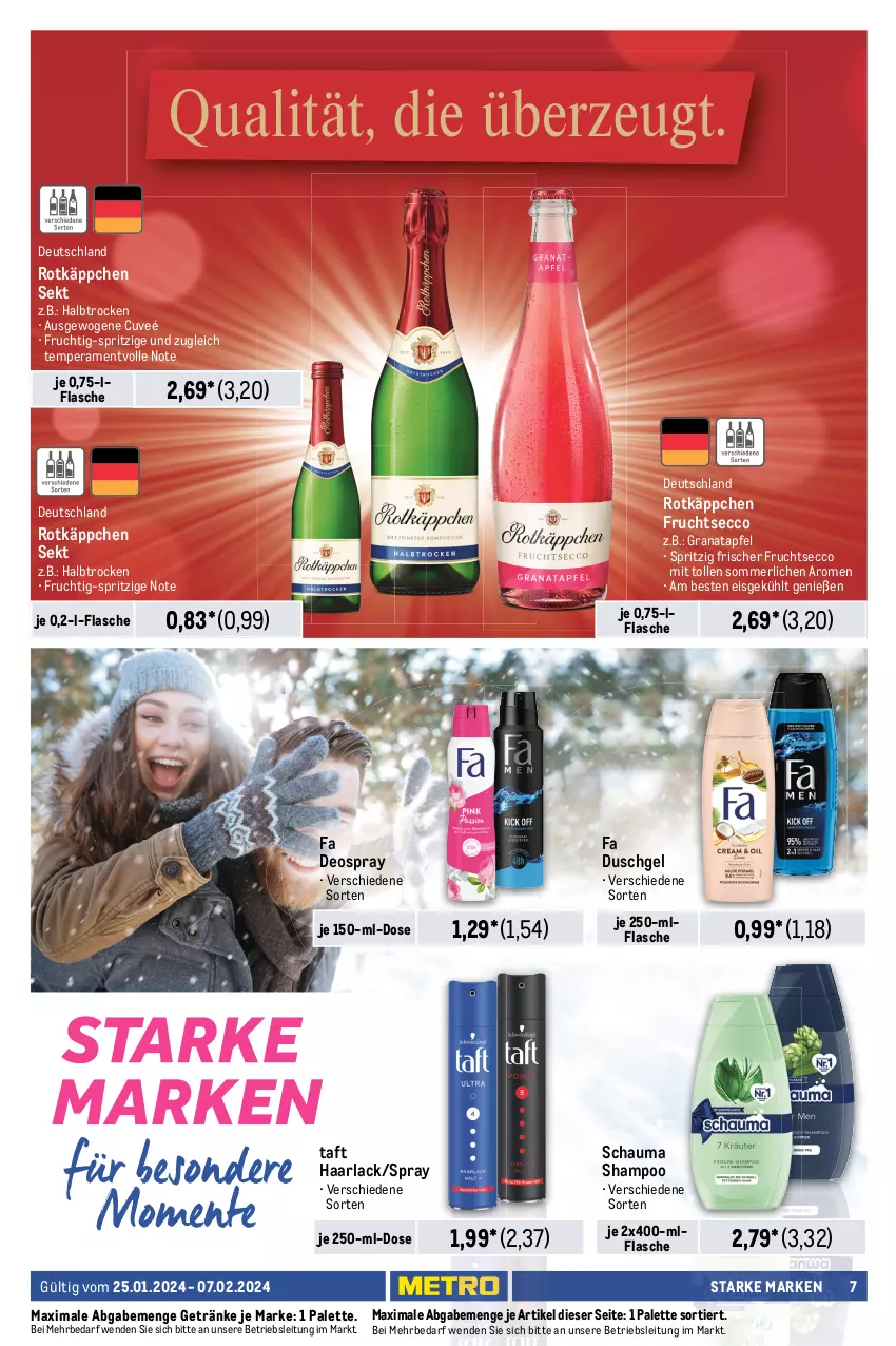 Aktueller Prospekt Metro - Starke Marken - von 25.01 bis 07.02.2024 - strona 7 - produkty: apfel, arla, deo, deospray, duschgel, ecco, eis, fa duschgel, flasche, frucht, fruchtsecco, getränk, getränke, grana, granatapfel, granini, Haarlack, Hohes C, lack, merl, Palette, Rana, rotkäppchen, saft, schauma, schauma shampoo, schorle, sekt, shampoo, Taft, Ti