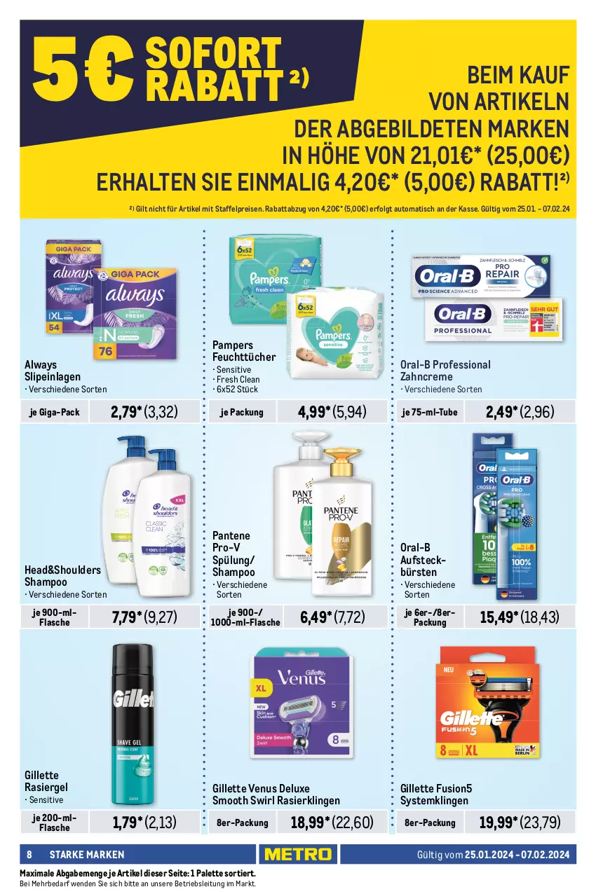 Aktueller Prospekt Metro - Starke Marken - von 25.01 bis 07.02.2024 - strona 8 - produkty: Alwa, Always, aufsteckbürsten, auto, body, bodylotion, bürste, bürsten, creme, dusche, eis, elle, feuchttücher, flasche, fusion5, gillette, gillette venus, haarspray, LG, Lotion, nivea, oral-b, Palette, pampers, pantene, pantene pro-v, pflegedusche, pro-v, rasiergel, Rasierklinge, rasierklingen, reis, rwe, schaumfestiger, shampoo, slip, slipeinlagen, spülung, swirl, Systemklingen, teller, Ti, tisch, tücher, venus, zahncreme