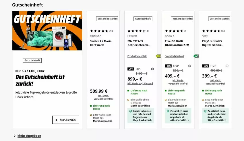 Aktueller Prospekt Saturn - Prospekte - von 04.08 bis 13.08.2025 - strona 1 - produkty: angebot, angebote, decke, gefrierschrank, gutschein, lays, liebherr, ndk, nintendo, Nintendo Switch, PlayStation, Schrank, sim, Ti, top-angebot, uhr, versandkostenfrei