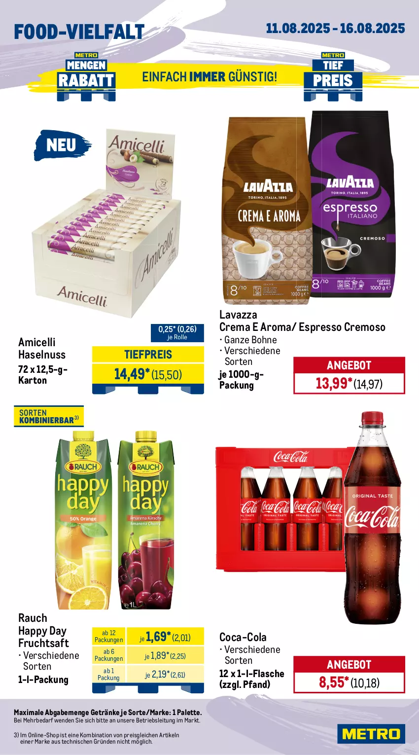Aktueller Prospekt Metro - Wochen-Angebote Gastro - von 11.08 bis 16.08.2025 - strona 15 - produkty: Amarenakirschen, amicelli, angebot, Bad, bohne, braten, coca-cola, cola, eimer, eis, espresso, flasche, frucht, fruchtsaft, getränk, getränke, Happy Day, haselnuss, homann, kirsch, kirsche, kirschen, knorr, lavazza, mayonnaise, nuss, Palette, Rauch, reis, saft, salat, salz, sirup, Ti, tiefpreis, Yo