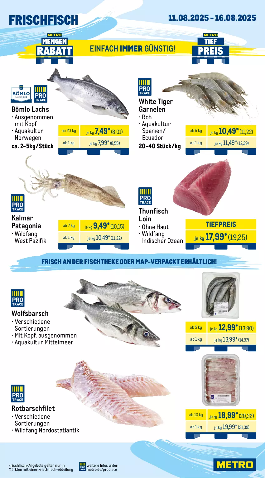 Aktueller Prospekt Metro - Wochen-Angebote Gastro - von 11.08 bis 16.08.2025 - strona 5 - produkty: Abtei, angebot, angebote, aqua, axe, decke, Deckel, eis, filet, fisch, fischtheke, fleisch, frischfisch, garnelen, Haxe, lachs, lamm, lammkeule, lammlachse, Metro, reis, Rotbarsch, rotbarschfilet, rwe, thunfisch, Ti, tiefpreis, Wild, wolfsbarsch