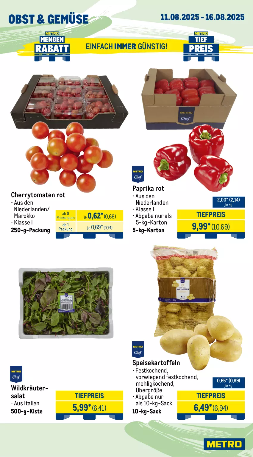 Aktueller Prospekt Metro - Wochen-Angebote Gastro - von 11.08 bis 16.08.2025 - strona 8 - produkty: angebot, auer, Bau, Bauer, Becher, beutel, bio, cherrytomaten, eis, frucht, fruchtjoghurt, gouda, joghur, joghurt, kartoffel, kartoffeln, kräuter, küche, Küchen, Küchensahne, mac, mehl, milch, obst, paprika, paprika rot, reis, sac, sahne, salat, speisekartoffeln, Ti, tiefpreis, tomate, tomaten, Wild