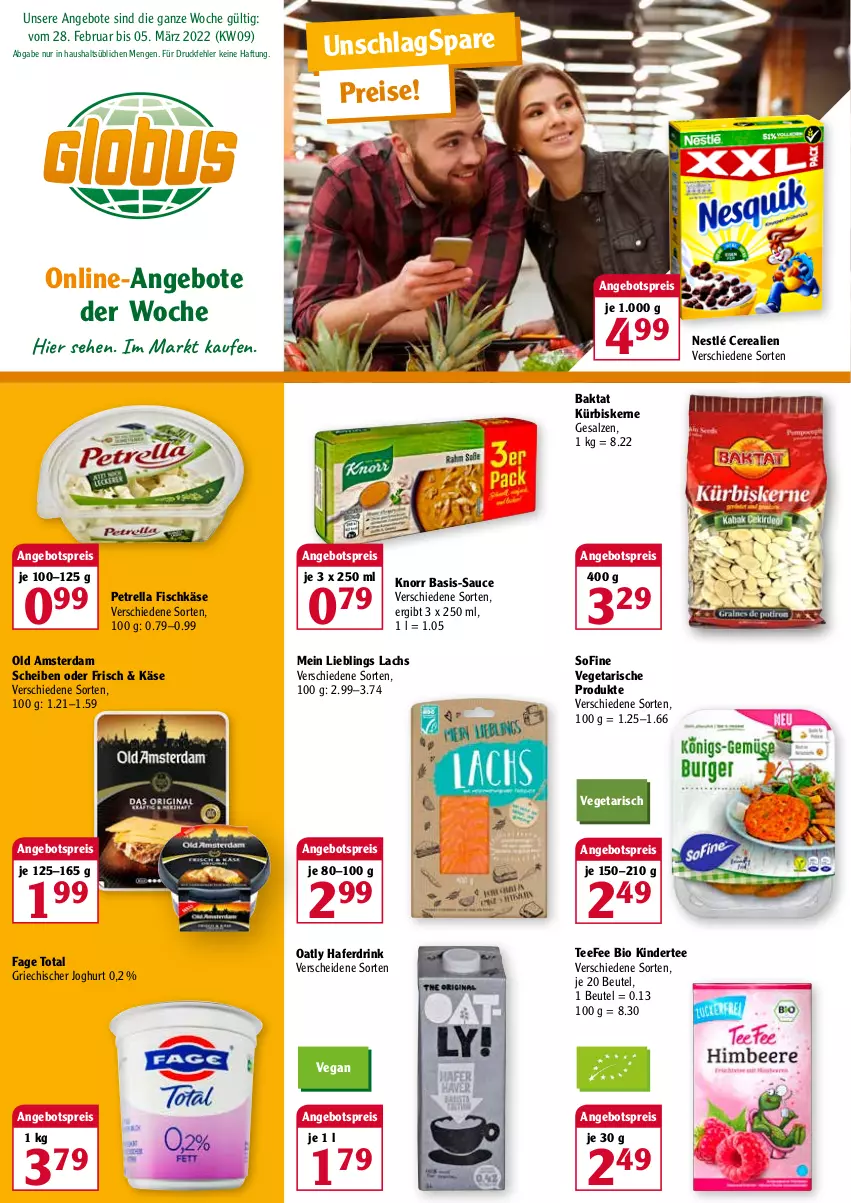 Aktueller Prospekt Globus - Prospekte - von 28.02 bis 05.03.2022 - strona 1 - produkty: angebot, angebote, angebotspreis, beutel, bio, cerealien, drink, eis, fisch, Griechischer Joghurt, hafer, Haferdrink, joghur, joghurt, Käse, Kinder, knorr, Kürbis, kürbiskerne, lachs, nestlé, Old Amsterdam, petrella, reis, rel, salz, sauce, tee, Ti, Vegeta