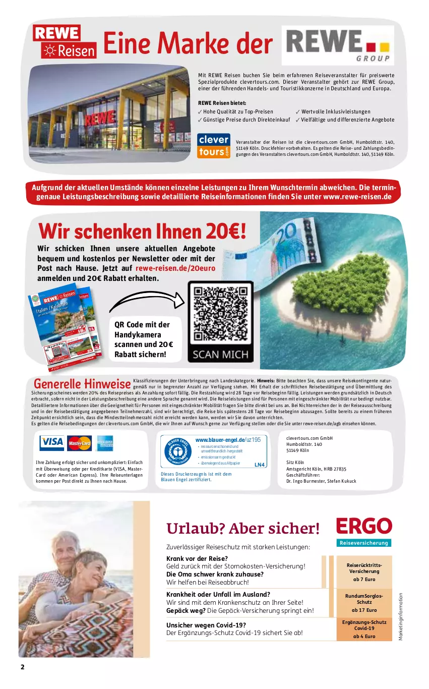 Aktueller Prospekt Rewe Reisen - Reiseprospekt - von 27.10 bis 29.12.2023 - strona 2 - produkty: alpro, angebot, angebote, auer, brie, buch, drucker, eier, eis, elle, Engel, ente, erde, gin, Handy, inklusivleistungen, kamera, kerze, LG, mastercard, natur, papier, reis, reiseveranstalter, rel, ring, Spezi, Ti, tisch, top-preis, uhr, ZTE