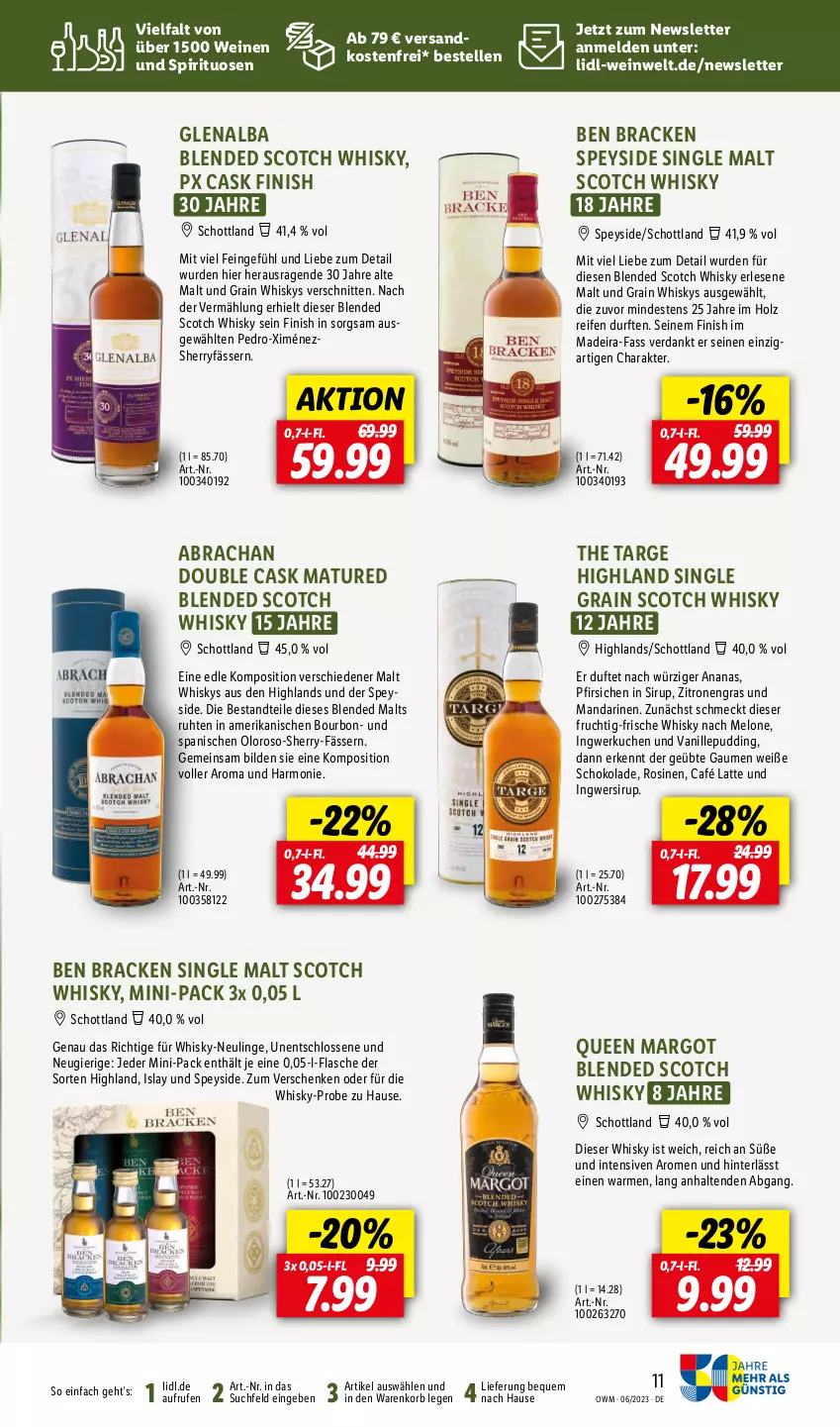 Aktueller Prospekt Lidl - Juni-Highlights in der Weinwelt - von 01.06 bis 30.06.2023 - strona 11 - produkty: ananas, blended scotch, blended scotch whisky, bourbon, elle, Finish, flasche, frucht, Holz, ingwer, korb, kuchen, latte, mandarine, mandarinen, melone, ndk, pfirsich, pfirsiche, pudding, reifen, schnitten, schoko, schokolade, schott, scotch, scotch whisky, single malt, sirup, spirituosen, Ti, vanille, versandkostenfrei, wein, weine, Weiße Schokolade, whisky, zitrone, zitronen