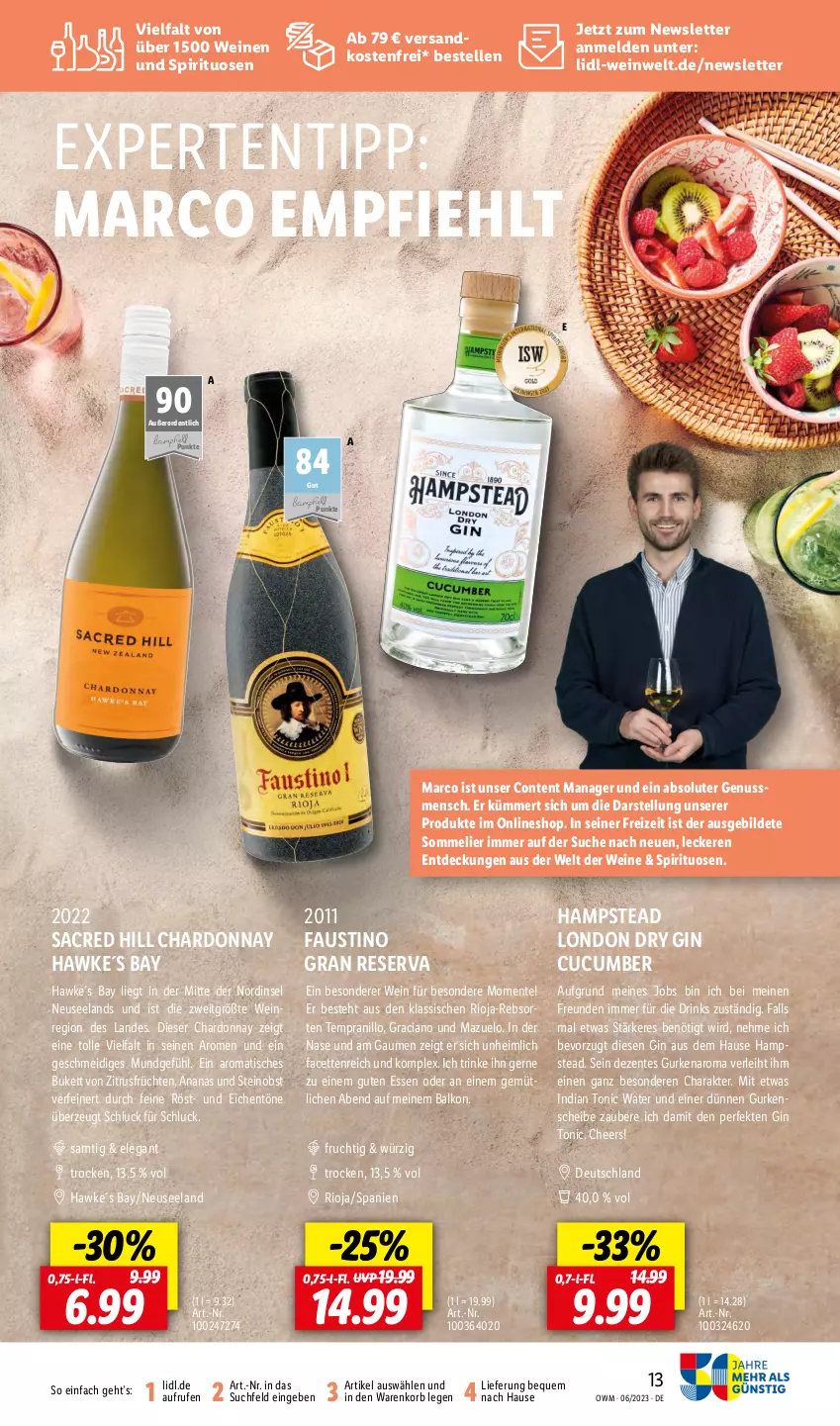 Aktueller Prospekt Lidl - Juni-Highlights in der Weinwelt - von 01.06 bis 30.06.2023 - strona 13 - produkty: ananas, aust, chardonnay, drink, drinks, dry gin, Elan, elle, ente, frucht, früchte, früchten, gin, gurke, gurken, korb, london dry, london dry gin, ndk, nuss, obst, rioja, sac, spirituosen, tempranillo, Ti, tisch, tonic, tonic water, versandkostenfrei, wein, weine