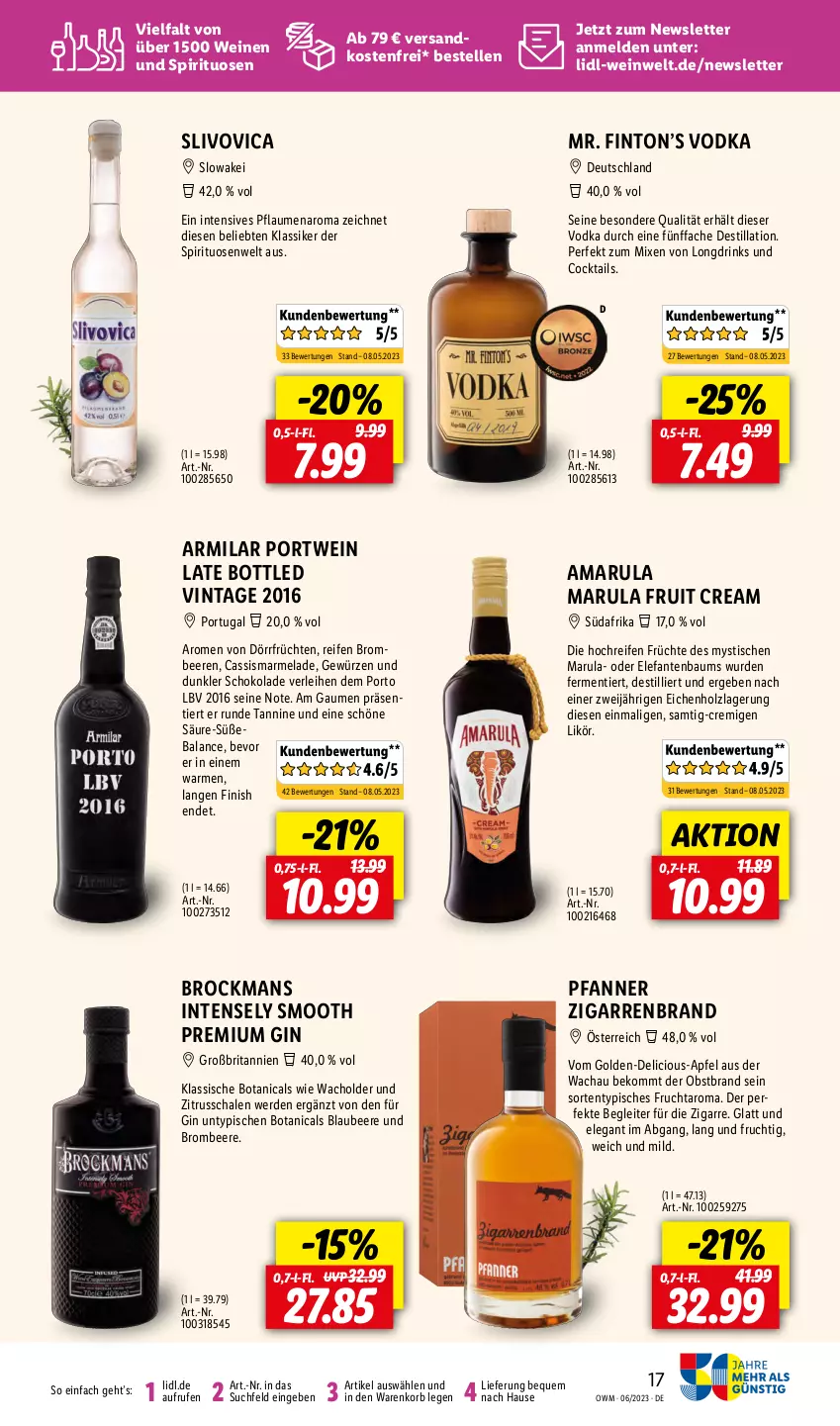 Aktueller Prospekt Lidl - Juni-Highlights in der Weinwelt - von 01.06 bis 30.06.2023 - strona 17 - produkty: amarula, apfel, Bau, beere, beeren, beko, Blaubeer, blaubeere, brita, Brock, brombeere, brombeeren, cassis, cocktail, cocktails, drink, drinks, Elefant, elle, erde, Finish, frucht, früchte, früchten, gewürz, gin, Holz, korb, likör, marmelade, ndk, obst, Obstbrand, pfanne, Pfanner, pflaume, pflaumen, Portwein, reifen, Schal, Schale, schoko, schokolade, spirituosen, Ti, tisch, versandkostenfrei, vodka, wein, weine