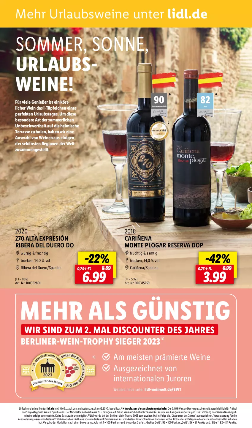 Aktueller Prospekt Lidl - Juni-Highlights in der Weinwelt - von 01.06 bis 30.06.2023 - strona 2 - produkty: auto, berliner, discount, eis, ente, frucht, gutschein, korb, LG, merl, monte, ndk, Schal, Schale, spirituosen, Ti, tisch, wein, weine