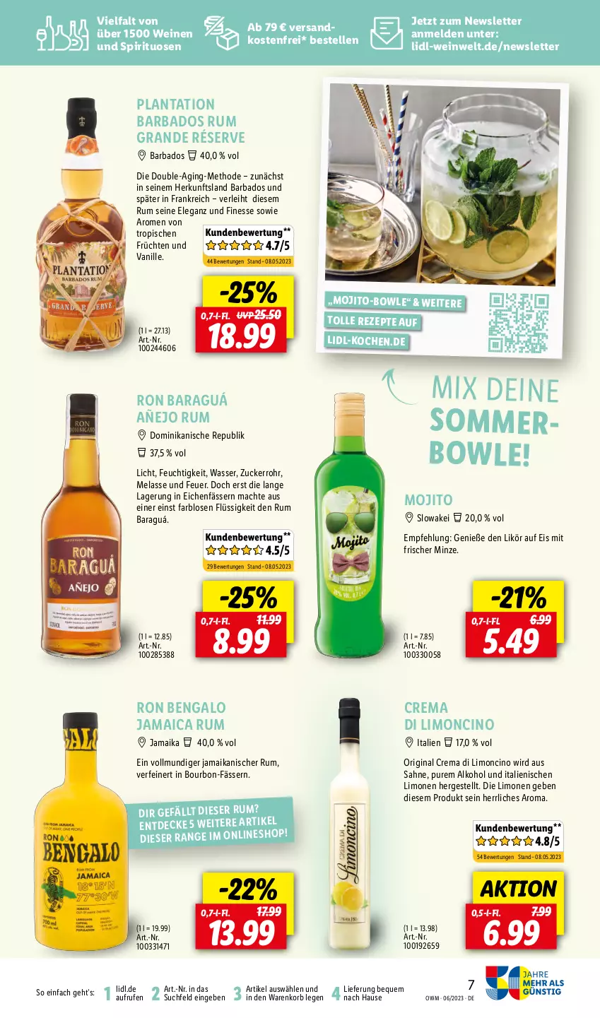 Aktueller Prospekt Lidl - Juni-Highlights in der Weinwelt - von 01.06 bis 30.06.2023 - strona 7 - produkty: alkohol, Bad, bourbon, bowle, cin, decke, eis, elle, finesse, früchte, früchten, gin, korb, likör, limo, limonen, mac, minze, mojito, ndk, rezept, rezepte, rum, sahne, spirituosen, Ti, vanille, versandkostenfrei, wasser, wein, weine, zucker