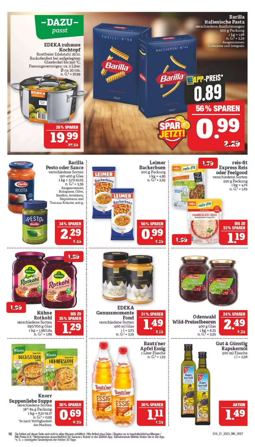 Aktueller Prospekt Marktkauf - Prospekt - von 21.05 bis 27.05.2023 - strona 16 - produkty: aktionspreis, apfel, apfelessig, backofen, ball, barilla, basilico, Bau, beere, beeren, bett, bolognese, decke, Deckel, deka, edelstahl, eier, eimer, eis, ente, erbsen, essig, flasche, Glasdeckel, italienische pasta, knorr, Kochtopf, kräuter, Kühne, leimer, nuss, odenwald, Ofen, olive, pasta, pesto, reis, reis-fit, rotkohl, sauce, suppe, suppen, suppenliebe, Ti, topf, Wild, ZTE