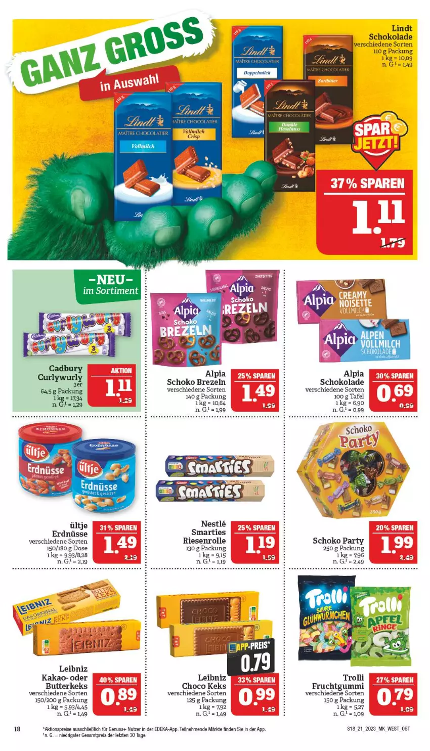 Aktueller Prospekt Marktkauf - Prospekt - von 21.05 bis 27.05.2023 - strona 18 - produkty: aktionspreis, alpia, brezel, Brezeln, butter, butterkeks, deka, eis, erdnüsse, frucht, fruchtgummi, kakao, keks, leibniz, lindt, milch, nuss, reis, schoko, schokolade, smarties, Ti, ültje, vollmilch, ZTE