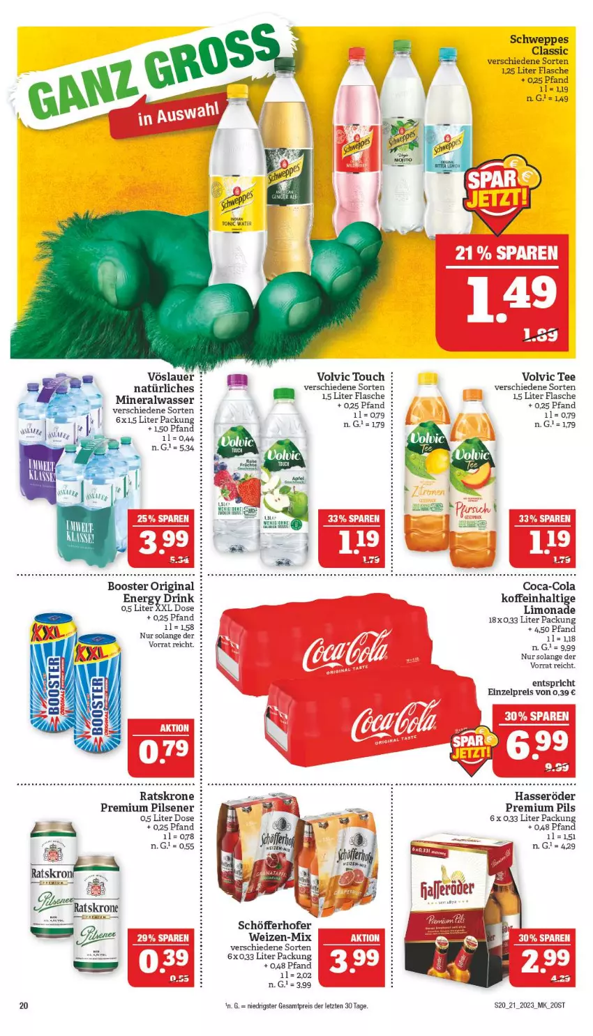 Aktueller Prospekt Marktkauf - Prospekt - von 21.05 bis 27.05.2023 - strona 20 - produkty: Alwa, auer, coca-cola, cola, drink, eis, energy drink, flasche, gin, hasseröder, krone, limo, limonade, mineralwasser, pils, pilsener, premium pils, reis, schöfferhofer, schweppes, tee, Ti, volvic, vöslauer, wasser, ZTE