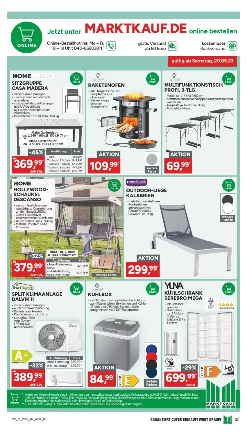 Aktueller Prospekt Marktkauf - Prospekt - von 21.05 bis 27.05.2023 - strona 27 - produkty: angebot, angebote, brie, eis, elle, Garten, gartenstuhl, gartentisch, grill, Grillpfanne, Holz, kühlbox, LG, Liege, ndk, Ofen, pfanne, Raketen, reis, Ria, rückenlehne, rwe, Schaukel, Schrank, stuhl, Stühl, Tasche, telefon, Ti, tisch, tragetasche, uhr, wasser