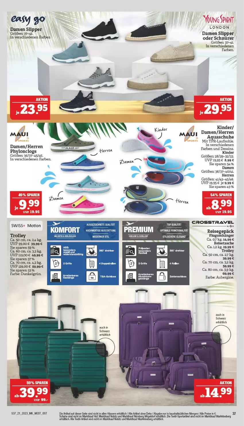 Aktueller Prospekt Marktkauf - Prospekt - von 21.05 bis 27.05.2023 - strona 37 - produkty: aqua, aubergine, Bau, Clogs, eis, gin, Hylo, Kinder, reis, reisetasche, schuhe, slip, Slipper, Sport, Tasche, tee, Ti, trolley