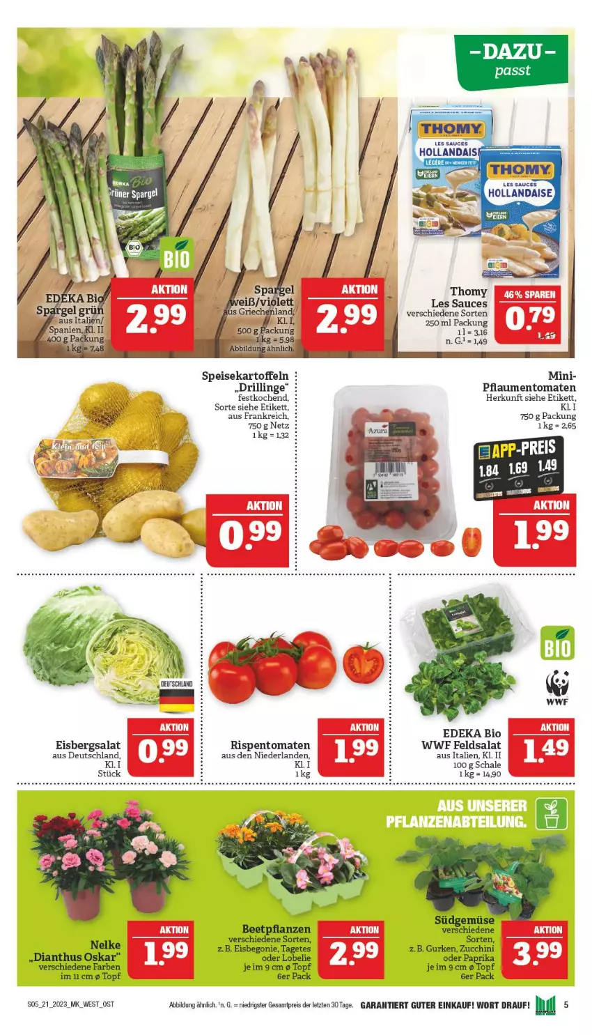 Aktueller Prospekt Marktkauf - Prospekt - von 21.05 bis 27.05.2023 - strona 5 - produkty: bio, deka, edeka bio, eis, eisbergsalat, kartoffel, kartoffeln, pflaume, pflaumen, reis, rispentomaten, salat, sauce, Schal, Schale, speisekartoffeln, thomy, thomy les sauces, Ti, tomate, tomaten, topf, ZTE