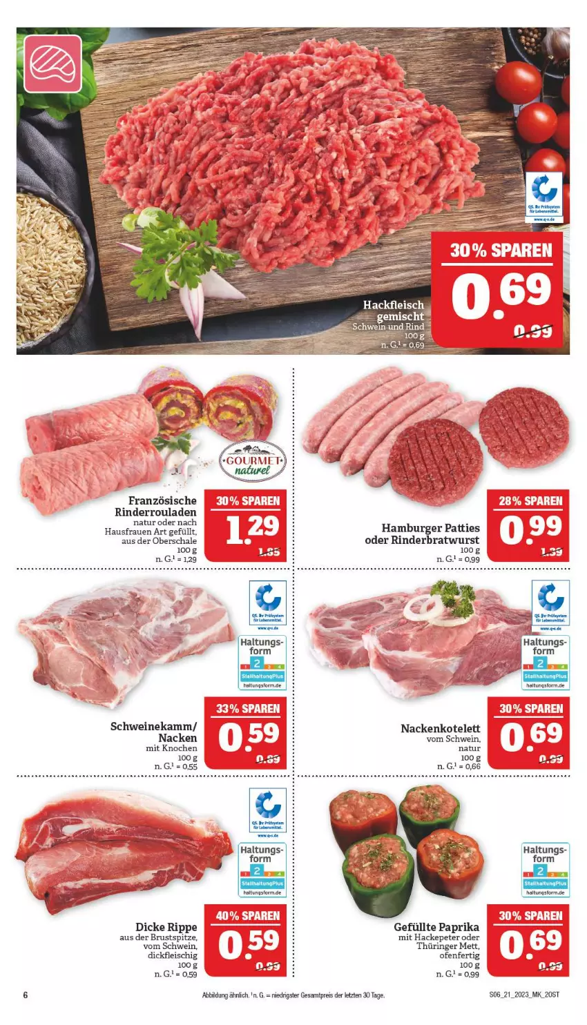 Aktueller Prospekt Marktkauf - Prospekt - von 21.05 bis 27.05.2023 - strona 6 - produkty: bratwurst, burger, eis, fleisch, hamburger, kotelett, lebensmittel, Mett, natur, Ofen, paprika, reis, rind, rinder, Rinderbratwurst, Rinderroulade, rinderrouladen, ring, rouladen, Schal, Schale, schwein, schweine, Ti, wein, weine, wurst, ZTE