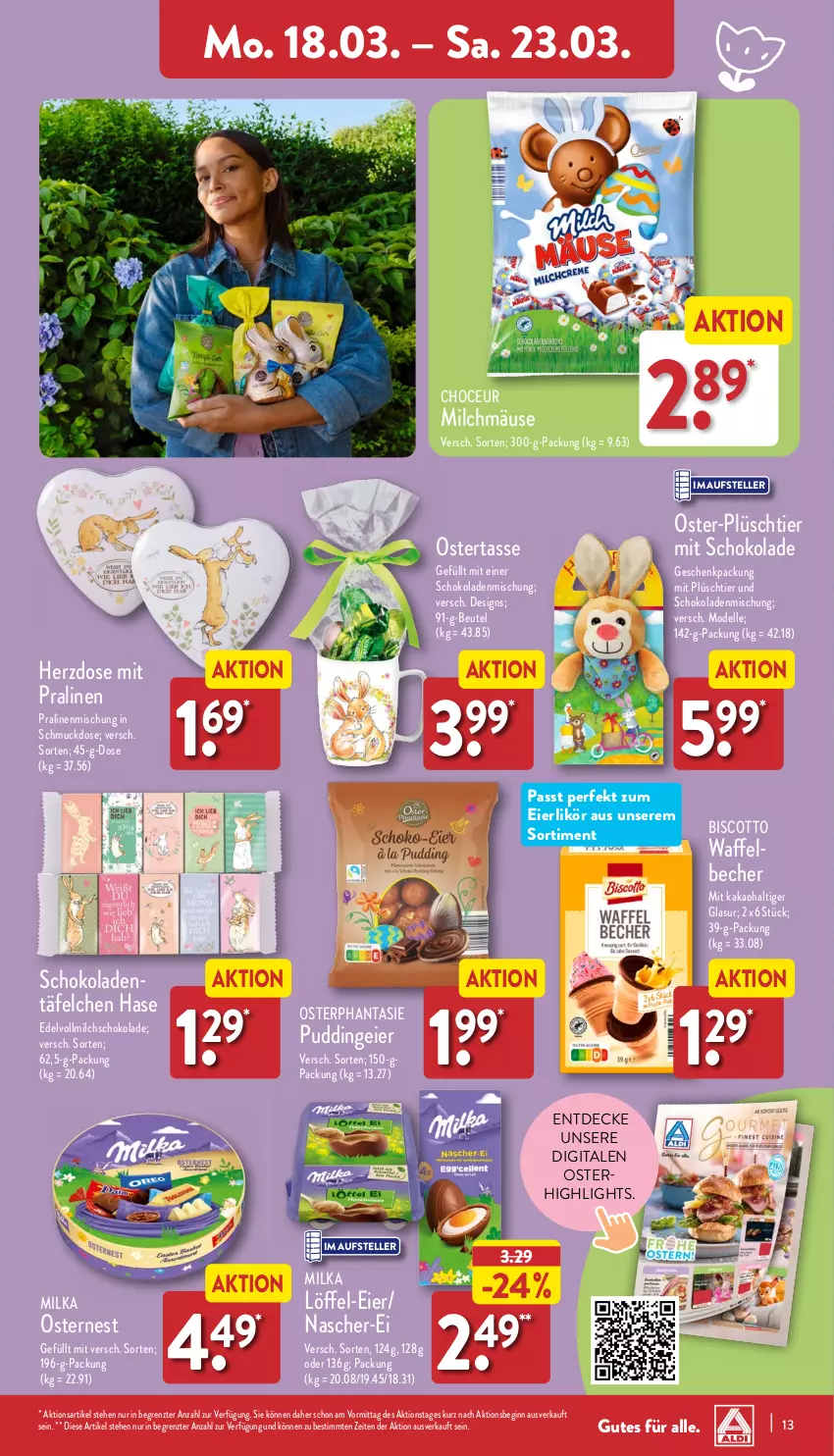 Aktueller Prospekt Aldi Nord - Von Montag - von 18.03 bis 23.03.2024 - strona 13 - produkty: Becher, beutel, biscotto, decke, dell, eier, eierlikör, eis, elle, geschenkpackung, gin, kakao, likör, Löffel, milch, milka, Mode, Plüsch, pralinen, pudding, reis, Schmuck, schoko, schokolade, schokoladen, tasse, teller, Ti, vollmilch, ZTE