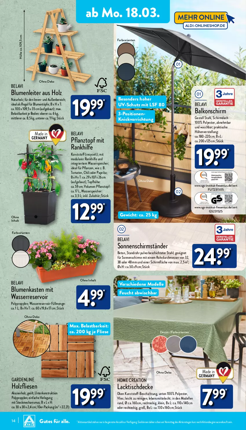 Aktueller Prospekt Aldi Nord - Von Montag - von 18.03 bis 23.03.2024 - strona 14 - produkty: aldi, Bau, blume, blumen, chili, decke, dell, elle, Germ, gin, Holz, lack, lebensmittel, messer, Mode, natur, paprika, pflanze, pflanzen, Pflanztopf, regal, Ria, schirme, schirmständer, sonnenschirm, Ti, tisch, tischdecke, tomate, tomaten, topf, uv-schutz, wasser, ZTE