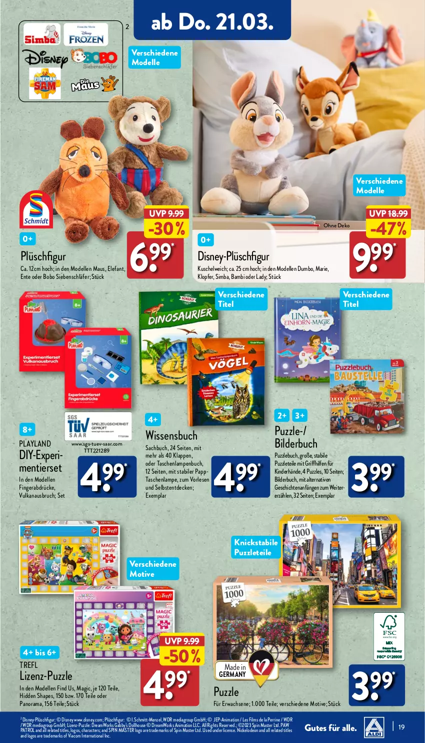 Aktueller Prospekt Aldi Nord - Von Montag - von 18.03 bis 23.03.2024 - strona 19 - produkty: buch, decke, dell, deo, disney, Elefant, elle, ente, Germ, Kinder, Kuschelweich, Lampe, Maus, Mode, Paw Patrol, Plüsch, Puzzle, rama, rel, sac, sim, simba, Tasche, taschen, Ti, usb