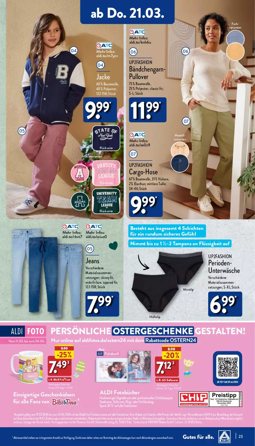 Aktueller Prospekt Aldi Nord - Von Montag - von 18.03 bis 23.03.2024 - strona 23 - produkty: aldi, angebot, Bau, baumwolle, dell, eis, elle, gin, hose, Jacke, jeans, korb, Minislip, Mode, ndk, papier, Pullover, reis, Ria, ring, slip, Tampon, tampons, tasse, Ti, Unterwäsche, up2fashion, wolle, ZTE