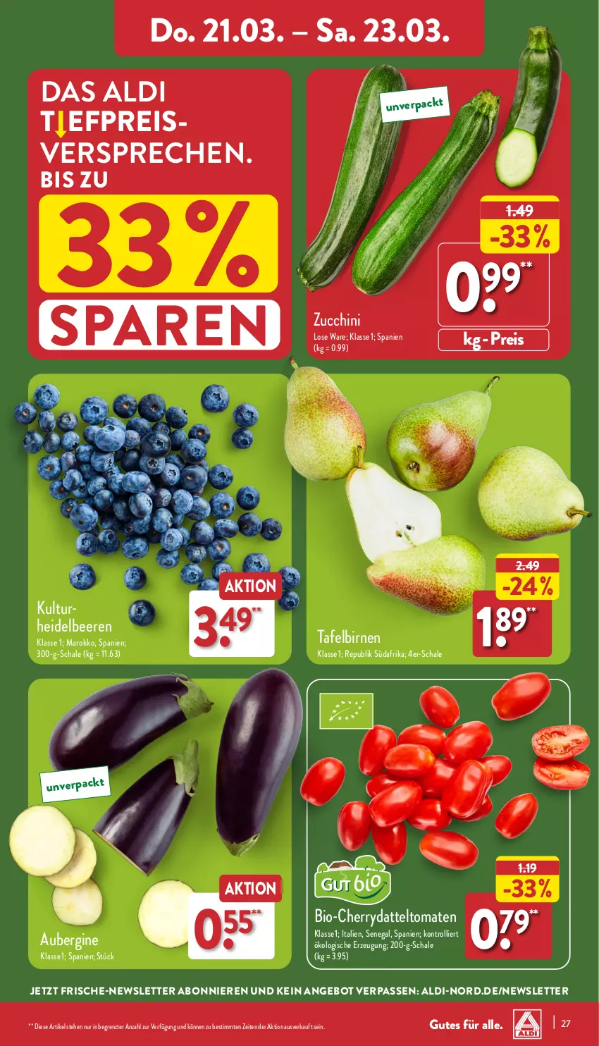 Aktueller Prospekt Aldi Nord - Von Montag - von 18.03 bis 23.03.2024 - strona 27 - produkty: aldi, angebot, aubergine, beere, beeren, bio, Birnen, datteltomaten, eis, gin, heidelbeere, heidelbeeren, reis, Schal, Schale, tafelbirnen, Ti, tomate, tomaten, trolli, ZTE, zucchini