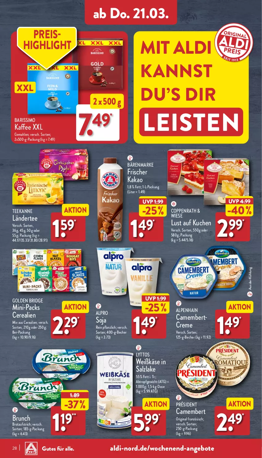 Aktueller Prospekt Aldi Nord - Von Montag - von 18.03 bis 23.03.2024 - strona 28 - produkty: aldi, Alpenhain, alpro, angebot, angebote, aufstrich, bärenmarke, Becher, brot, brotaufstrich, camembert, cerealien, coppenrath, creme, eis, gin, kaffee, kakao, Käse, kuchen, Ländertee, Lust auf Kuchen, reis, salz, sim, soja, tee, teekanne, Ti