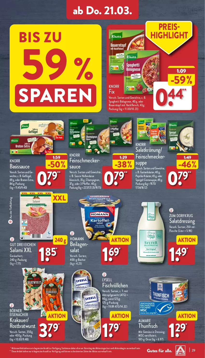 Aktueller Prospekt Aldi Nord - Von Montag - von 18.03 bis 23.03.2024 - strona 29 - produkty: almare, auer, aus der tiefkühlung, Bau, Bauer, Becher, bolognese, braten, bratwurst, champignon, creme, cremesuppe, dressing, eis, feinschmecker, fisch, flasche, fleisch, Garten, Geflügel, gin, hackfleisch, hollandaise, homann, ilag, knorr, krakauer, kräuter, lysell, mit gemüse, paprika, pfeffer, reis, rostbratwurst, salami, salat, salatdressing, salatkrönung, sauce, sauce hollandaise, spaghetti, spaghetti bolognese, spargel, suppe, thunfisch, Ti, topf, wurst, ZTE, Zum Dorfkrug