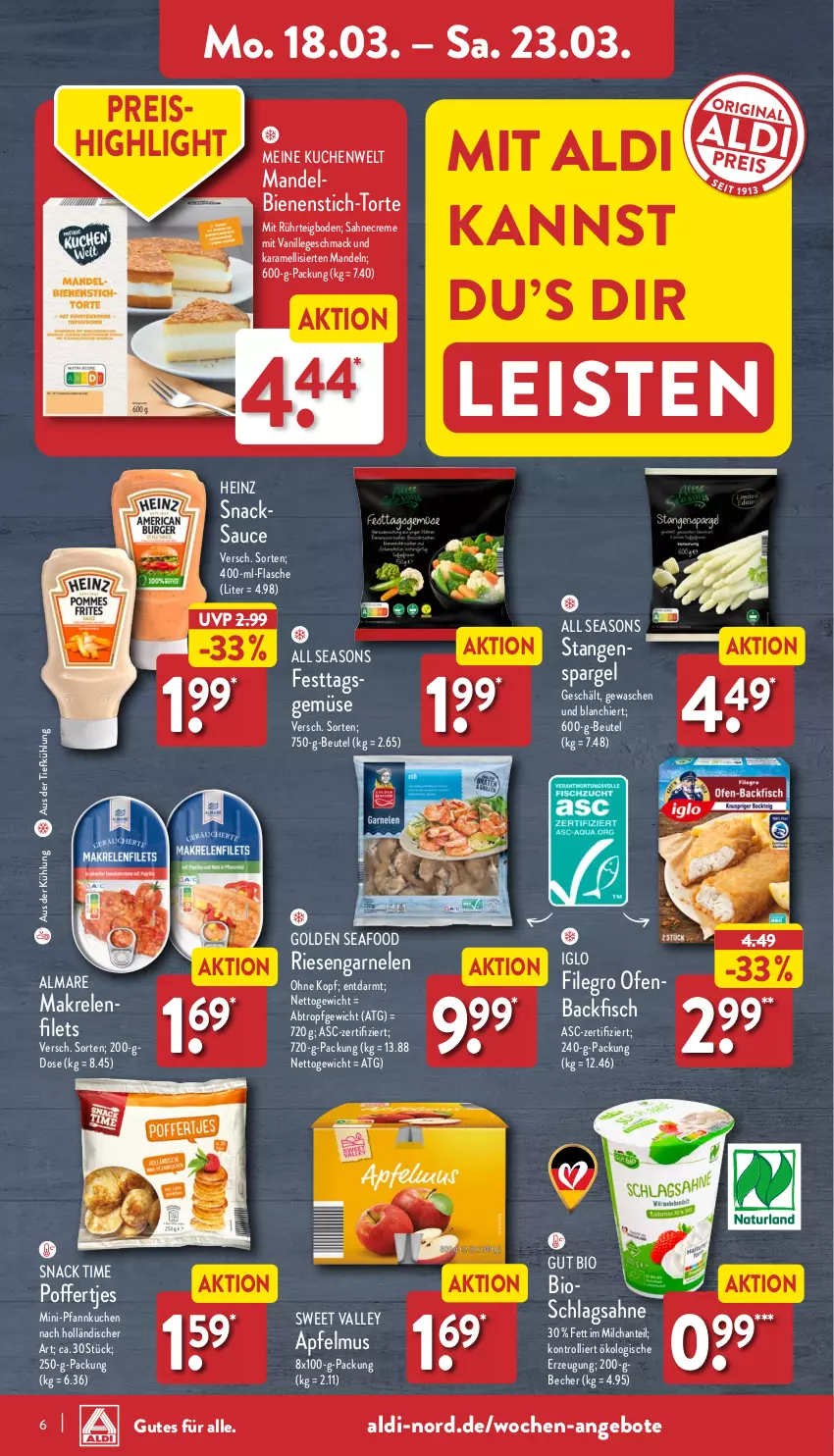 Aktueller Prospekt Aldi Nord - Von Montag - von 18.03 bis 23.03.2024 - strona 6 - produkty: aldi, almare, angebot, angebote, apfel, apfelmus, aus der tiefkühlung, backfisch, Becher, beutel, bio, creme, eis, filegro, filet, filets, fisch, flasche, garnelen, heinz, iglo, karamell, kuchen, mac, Makrele, mandel, mandeln, milch, Ofen, Pfannkuchen, Poffertjes, reis, rel, riesengarnelen, sahne, sauce, schlagsahne, snack, snack time, snacks, spargel, Ti, torte, trolli, vanille