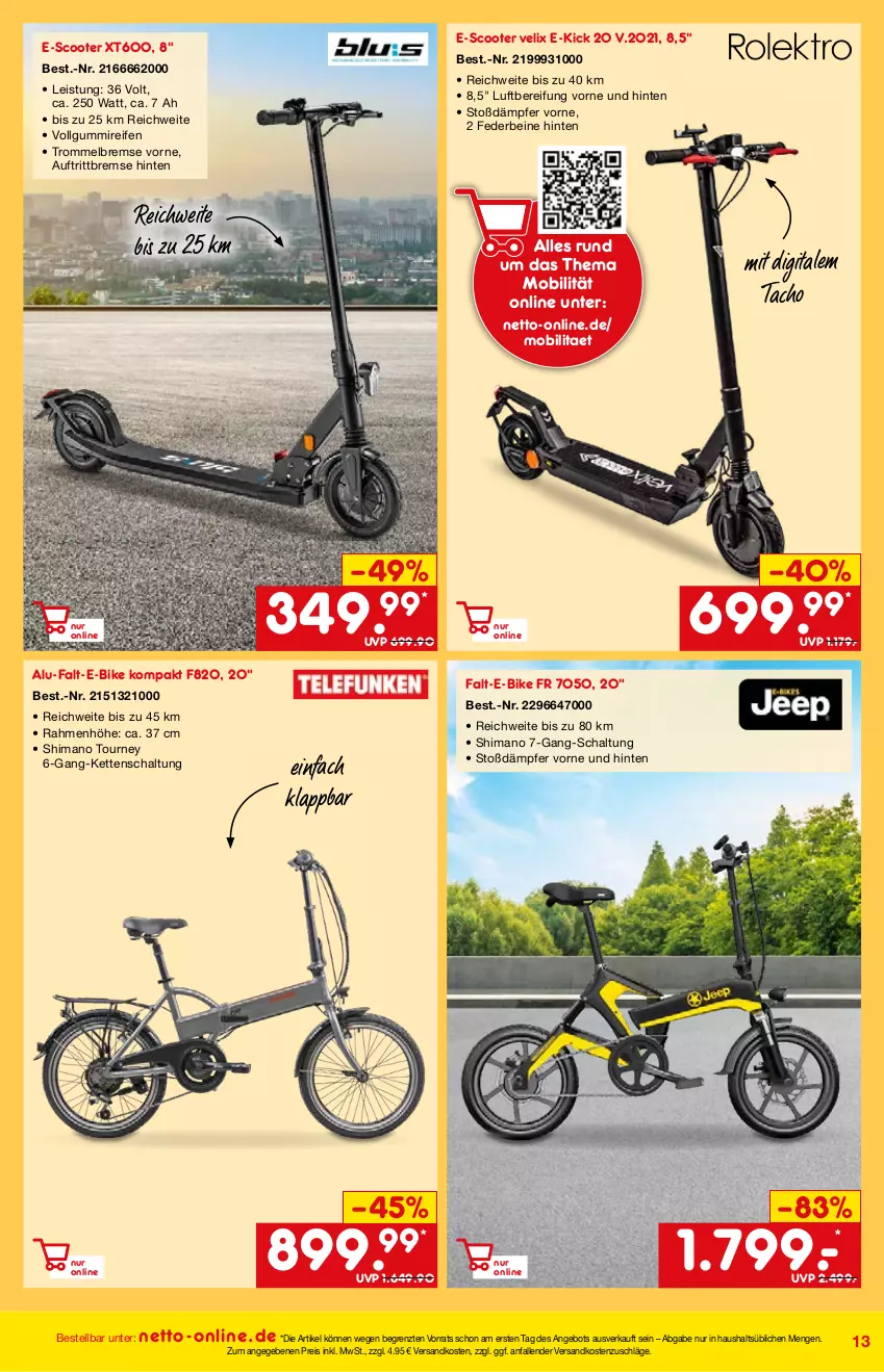 Aktueller Prospekt Netto Marken-Discount - Online-Angebote Mai - von 01.05 bis 27.05.2022 - strona 13 - produkty: angebot, E-Bike, eis, Kette, LG, ndk, reifen, reis, Schal, scooter, shimano, Ti, trommel, ZTE