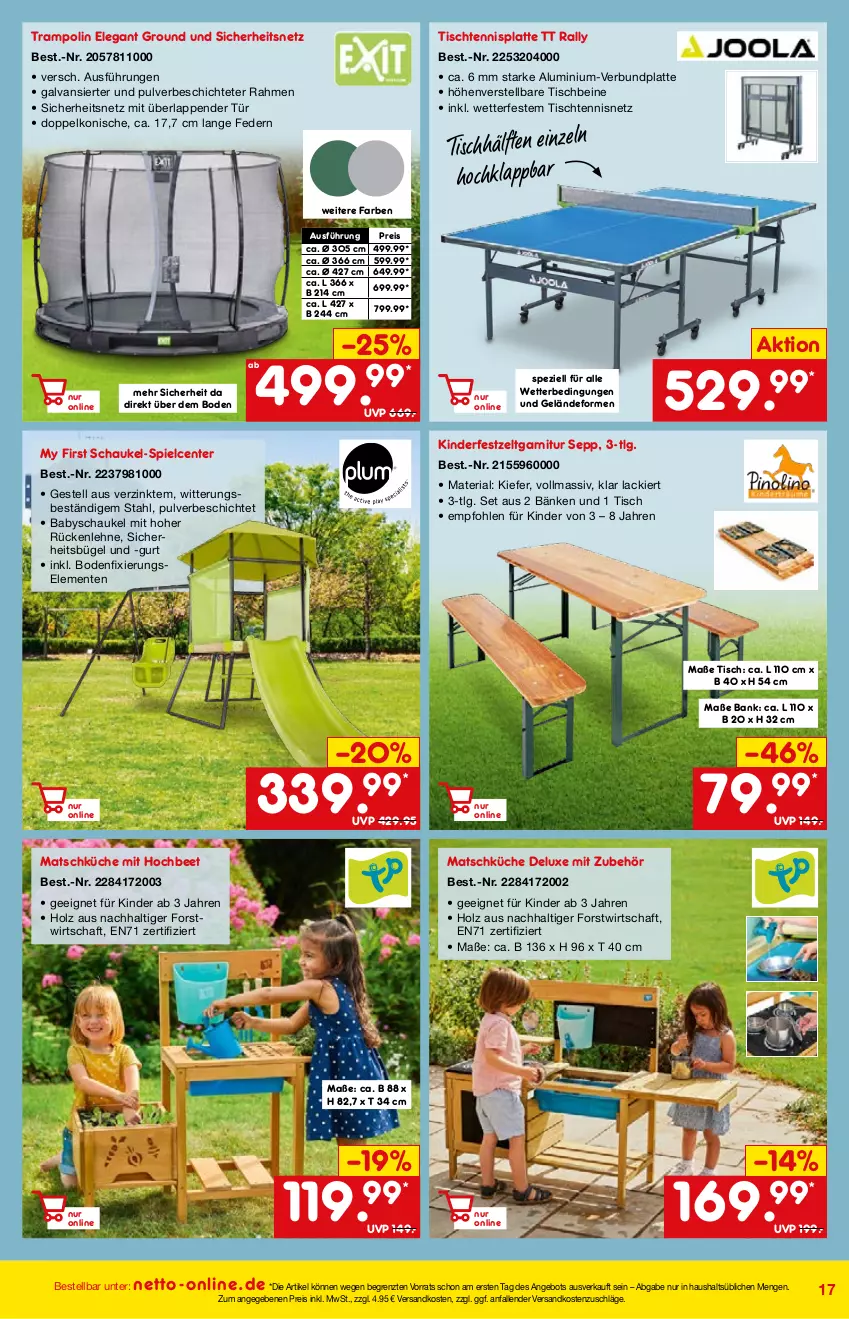 Aktueller Prospekt Netto Marken-Discount - Online-Angebote Mai - von 01.05 bis 27.05.2022 - strona 17 - produkty: angebot, Bank, bügel, eis, ente, garnitur, Holz, Kinder, küche, lack, latte, LG, ndk, reis, Ria, rückenlehne, Schaukel, Spezi, Ti, tisch, Trampolin, Zelt, ZTE