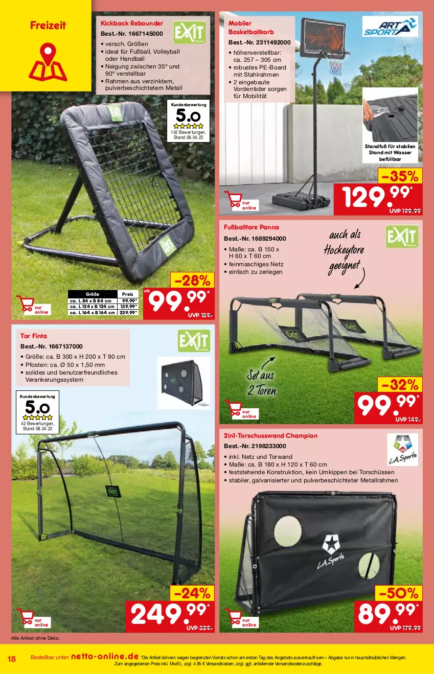 Aktueller Prospekt Netto Marken-Discount - Online-Angebote Mai - von 01.05 bis 27.05.2022 - strona 18 - produkty: angebot, ball, Bau, champion, eis, Fußball, Fußballtore, korb, ndk, reis, Ti, wasser, ZTE