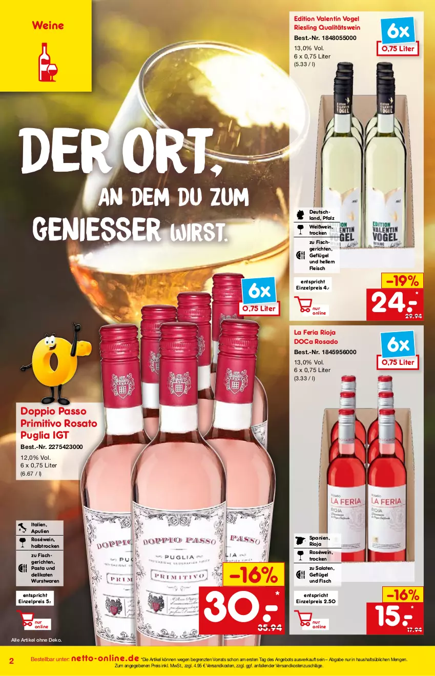 Aktueller Prospekt Netto Marken-Discount - Online-Angebote Mai - von 01.05 bis 27.05.2022 - strona 2 - produkty: angebot, doppio passo, eis, elle, fisch, fleisch, Geflügel, ndk, passo, pasta, primitivo, qualitätswein, reis, Ria, riesling, rioja, rosato, roséwein, salat, salate, Ti, wein, weine, Weißwein, wurst, ZTE