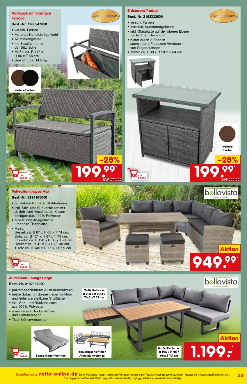 Aktueller Prospekt Netto Marken-Discount - Online-Angebote Mai - von 01.05 bis 27.05.2022 - strona 33 - produkty: aluminiumgestell, angebot, Bank, eis, Garten, glasplatte, hocker, HP, kissen, kunststoffgeflecht, latte, Liege, ndk, Reinigung, reis, Ria, Rückenkissen, rückenlehne, sessel, sideboard, Sofa, sonnenliege, Ti, tisch, tischplatte, ZTE